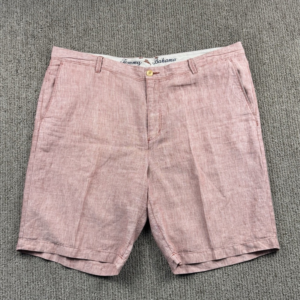 Tommy Bahama Mens 40 100% Linen Chino Shorts Flat Front Red White Stripe